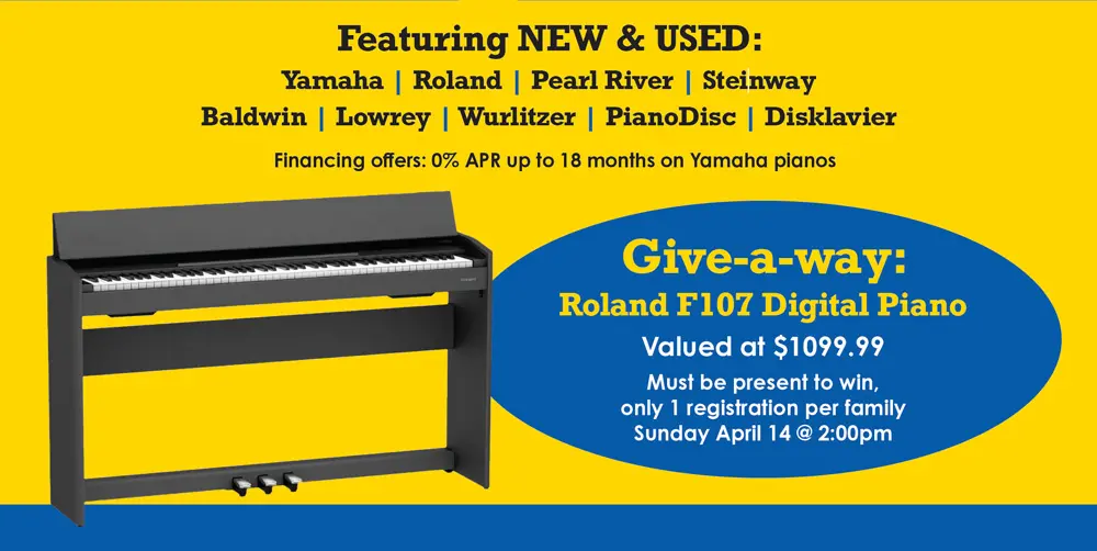 Featuring new and used pianos. Give-a-way a Roland F107 Digital Piano